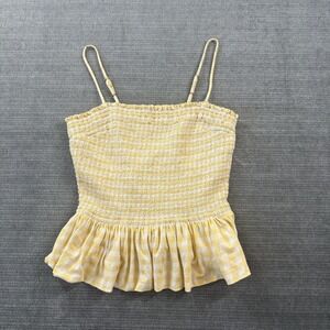 Free People Sundance Gingham Peplum Tank Womens Yellow S Ruffle Smocked Bodice